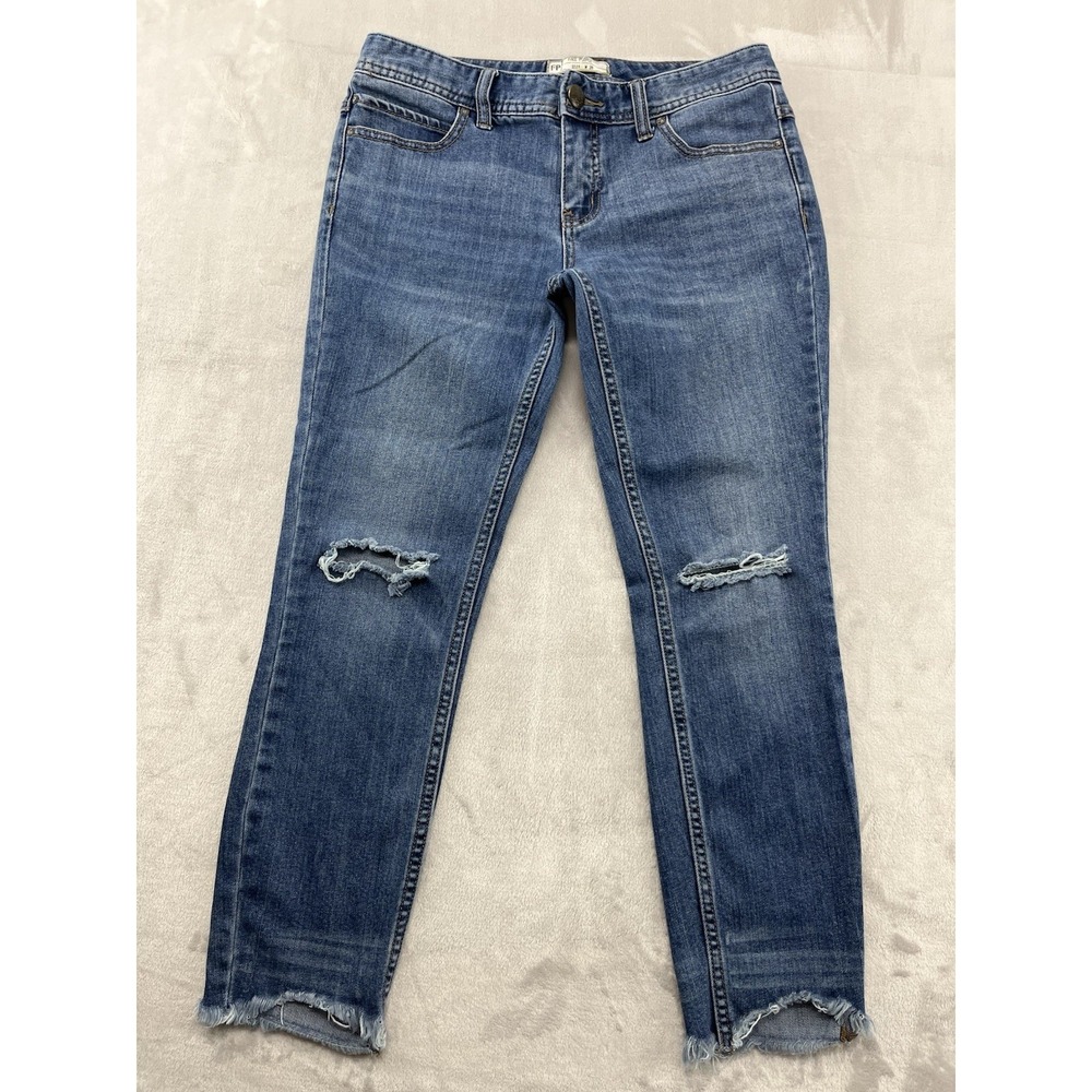 Free People Jeans Women 28 Blue Wash Distressed Mid-Rise Hi-Low Raw Hem Preppy